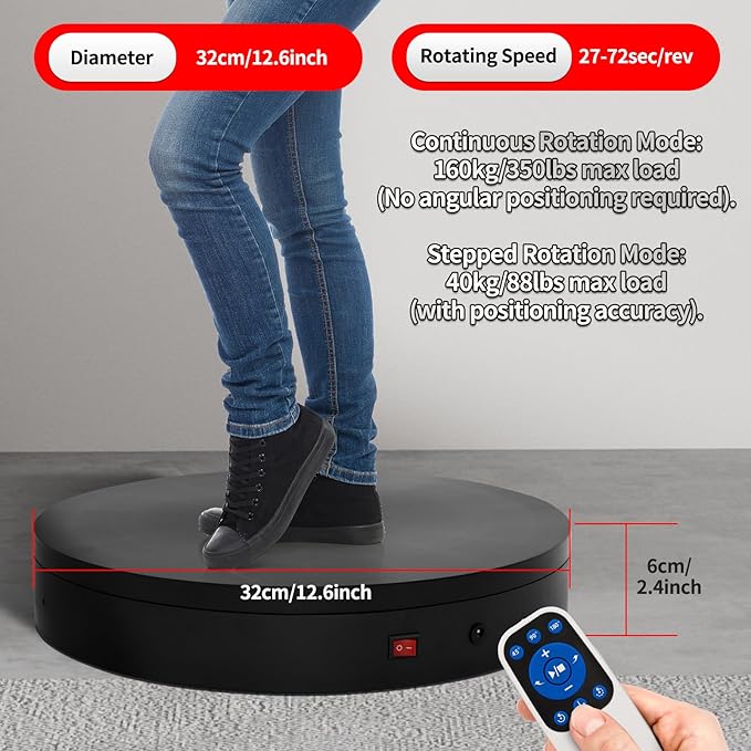 12.6Inch/350lbs Capacity Electric Motorized Turntable,Remote Rotating Display Stand ,Large Rotating Platform,Photography Turntable,Heavy Duty Display Turntables for Photography,3D Scanner,Exhibition
