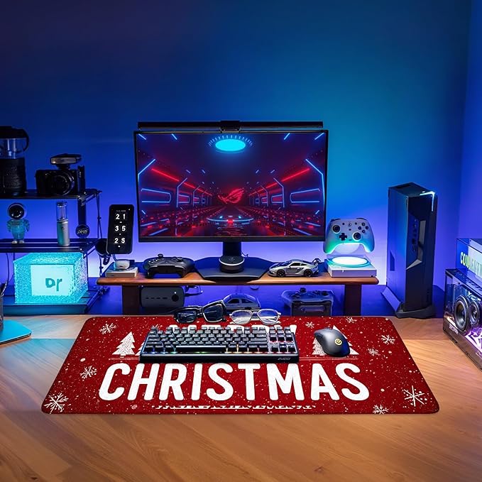 Merry Christmas Gaming Mouse Pad 31.5"x11.8"Desk Mat Anti-Slip Rubber Base & Durable Stitched Edges for Gamers Smooth Mouse Writing Surface for Desk Office/Home