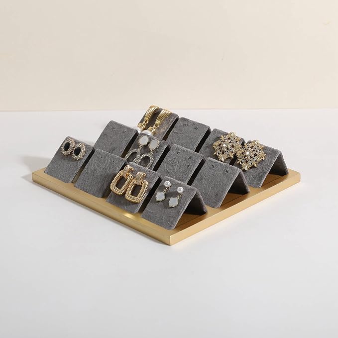 GemeShou Golden coated earring display stand for selling, velvet stud earring holder for jewelry display, Jewlery earring storage organizer tray, studs holder jewelry organizer【Earring holder-Grey】