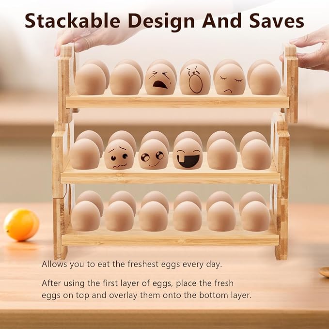 3-Tier Wooden Egg Holder - Egg Basket For Gathering Fresh Eggs, Layer Egg Tray Holder Countertop For 12 Eggs,Tier Egg Organizer For Farmhouse Kitchen Refrigerator Fits Duck, Turkey, Chicken Eggs