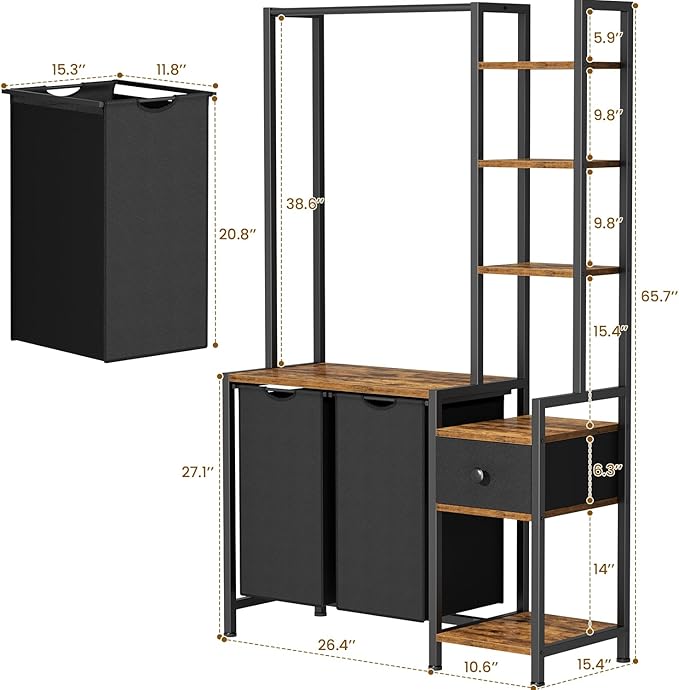 Laundry Hamper with Shelf, 5 Tiers Tall Laundry Basket Sorter with 2 Pull-Out and Removable Bags, Clothes Rack with Laundry Sorter for Laundry Room Bathroom Bedroom, Rustic Brown