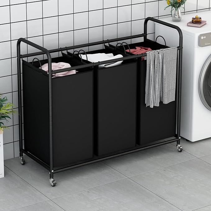 LINZINAR 3-Bag Laundry Basket Hamper Laundry Sorter Cart laundry room organization with Heavy Duty Rolling Lockable Wheels and Removable Bags (Black)
