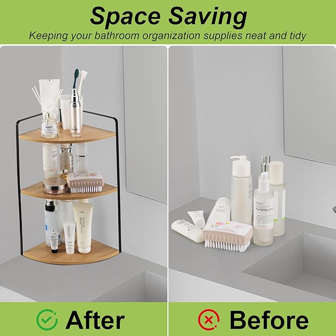 3 Tier Corner Bathroom Counter Organizer, Countertop Organizer, Vanity Organizers, Bathroom Storage Sink Shelf, Wooden and Metal Counter Shelf, Corner Counter (Rustic Walnut)