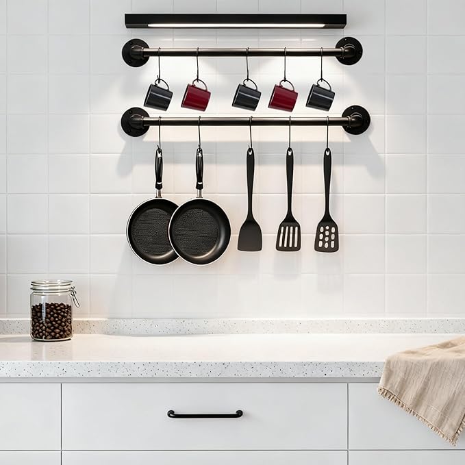 Pan Pot Lid Organizer Set of 2 Wall Mounted Industrial Pipe Kitchen Hanger Rack For Pan Pot Lid Utensils Mugs Kitchen Storage Hanging Bar With 10 Hooks