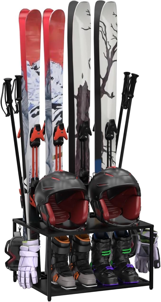 Freestanding Ski Holders for 4Pairs of Skis Ski Boot, Poles,Goggles, Helmet and More,Storage Rack for Garage, Heavy Duty Steel Floor Stand Ski Organizer for Garage Basement(Double-Layer storage shelf)