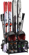 Freestanding Ski Holders for 4Pairs of Skis Ski Boot, Poles,Goggles, Helmet and More,Storage Rack for Garage, Heavy Duty Steel Floor Stand Ski Organizer for Garage Basement(Double-Layer storage shelf)