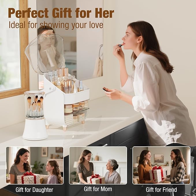 Makeup Organizer Countertop & Makeup Brush Holder with Lid 360 Rotating Clear Dustproof Skincare Holder for Vanity Bathroom Countertop, Ideal Gifts for Women, Transparent, Rose Gold