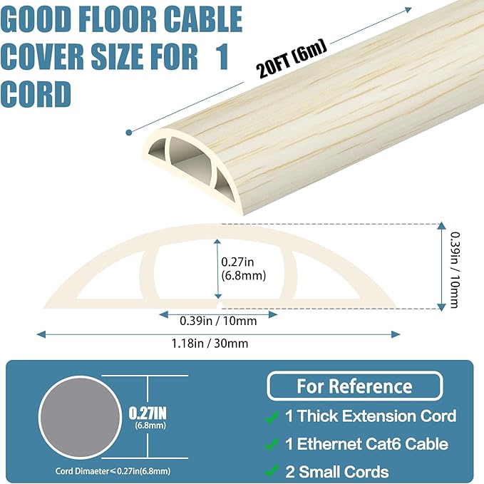 Floor Cord Covers for Wires 20FT Cable Hider Wire Cover Self Adhesive Cord Hider Floor for Offices, Homes, Workshops, Warehouses Cable Cavity 0.39" W x 0.27" H