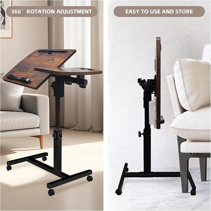 Overbed Table with Wheels Adjustable Height, Tiltable Desktop with Tray, Over Bed Table Rolling Bedside Tables, Medical Mobile Standing Desk, for Hospital Office Bedroom Sofa, Brown
