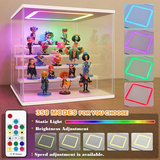 NONEMEY Clear Acrylic Display Case with Light ,3/4/5/6 Tier Multiple Color Lights via Remote Control Dustproof Display Box for Collectibles Figures Mini Toys (5Tier 12.4*12.2*12inch )