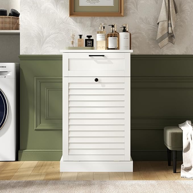 Upgraded Tilt Out Laundry Hamper Cabinet, 15 Gallon Trash Can Cabinet with Shutter Front & Drawer, Hidden Garbage Can Bin Cabinets with Laundry Storage Basket for Bathroom, Kitchen (White, Single)