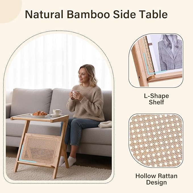 Tiita Rattan Side Table, Mid Century Nightstand, Bamboo Accent Bedside Tables, Glass Coffee Tables, Boho Wooden End Table with Storage for Small Space, Living Room and Bedroom