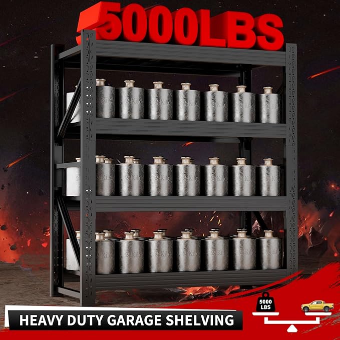 5000LBS Storage Shelves, 59" W Garage Shelving Heavy Duty Adjustable Shelving Units, 4 Tier Metal Garage Shelves Industrial Shelving for Garage, Warehouses, Basement, Black