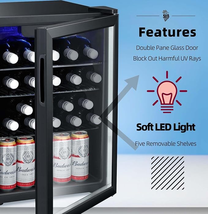 Antarctic Star 16 Bottle Wine Cooler Beverage Refrigerator Small Mini Wine Cellar Beer Soda Clear Glass Door Bar Fridge Quiet Operation Compressor Adjust Temp Control Freestanding, 2.5 Cu. Ft