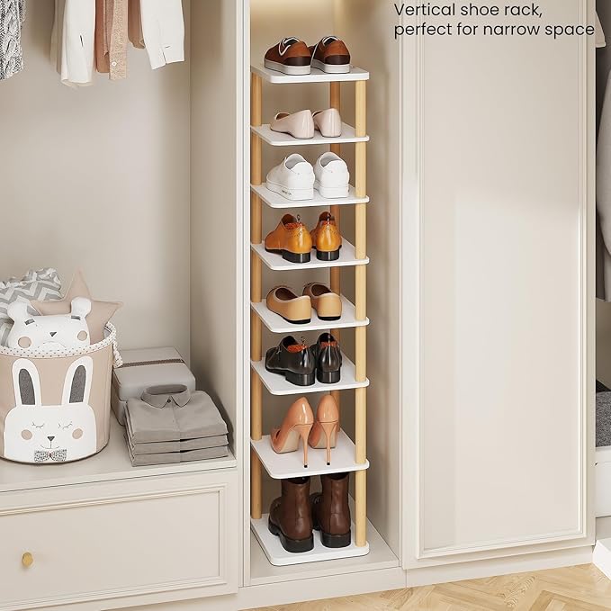 LUCKNOCK Vertical Shoe Rack, 8-Tier Tall Narrow Shoe Organizer for Entryway, Closet, Dorm & Small Spaces, Freestanding White Wooden Shoe Shelf Tower for Boots, Sneakers, Heels.