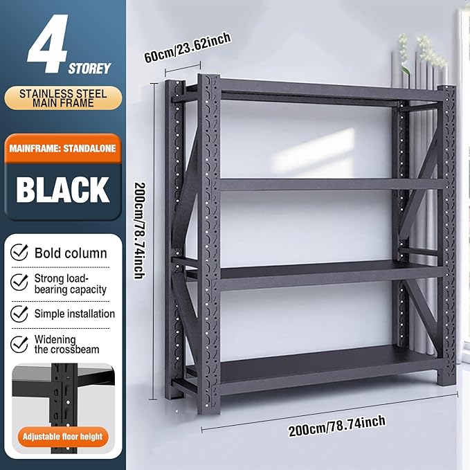 5000lbs78.74,Storage Shelves Garage Metal Shelving Heavy Duty Garage Shelves Adjustable Storage Shelves for Industrial, Factory(Black, W78.74*D23.62*H78.74)