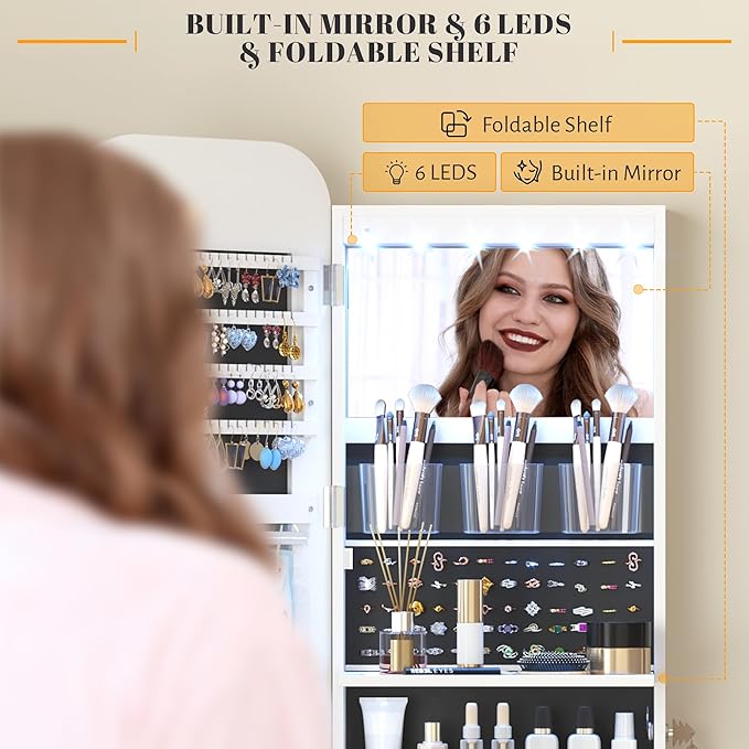 Vlsrka 47.2" LED Mirror Jewelry Cabinet, Wall/Door Mounted Full Length Mirror with Storage, Lockable Jewelry Armoire with Mirror, Rounded Corner Hanging Mirror Jewelry Organizer, White