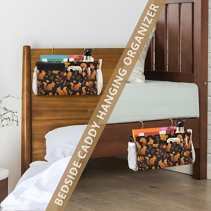 Black Orange Squirrel Leaves Falling Bedside Caddy for Dorm Bed Bedside Hanging Caddy Bag Iron Frame Storage Organizer Pocket for Bunk Home College Hospital Beds 2 Hooks