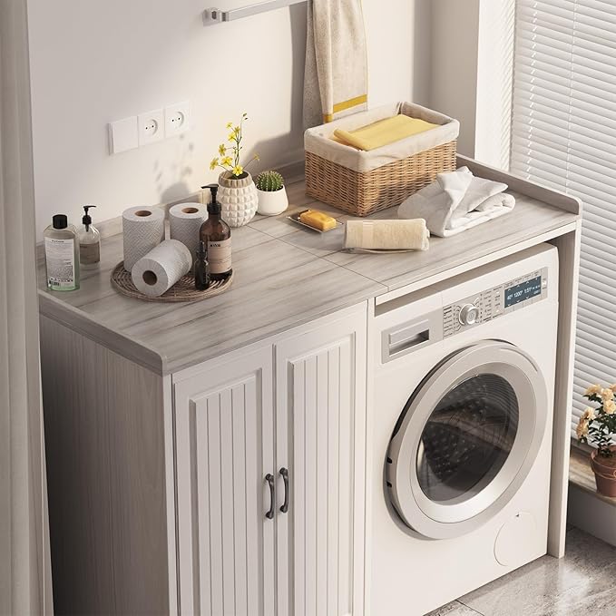 Washer Dryer Countertop, Foldable Laundry Countertop with Edge Rails - 27.5" x 54" Melamine Finish for Laundry Room Organization (Oak)