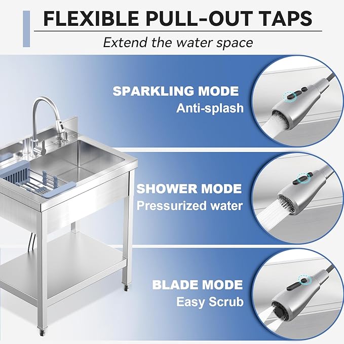 Stainless Steel Utility Sink, 29"Freestanding Sink with Retractable Cold and Hot Water Faucet,Hoses and Drain Kit for Kitchens, Bathrooms, Garage, Laundry Room