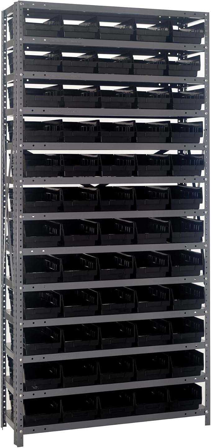 Quantum Storage Systems 1275-102BK Steel Shelving Unit with 4" Shelf Bins, 12" D x 36" W x 75" H, Black