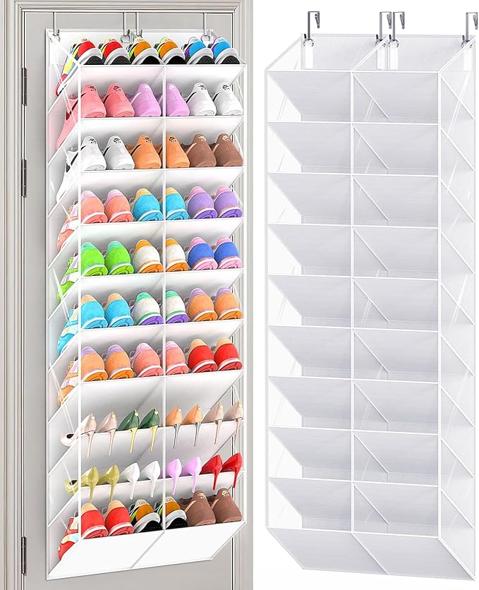 30 Pairs Over the Door Shoe Organizer, Clear Pockets Hanging Shoe Storage for Closet, 10-Tier Door Shoes Rack Storage, Handing Shoes Holder Fit All the Family's Sneakers, Boots, Heels, White