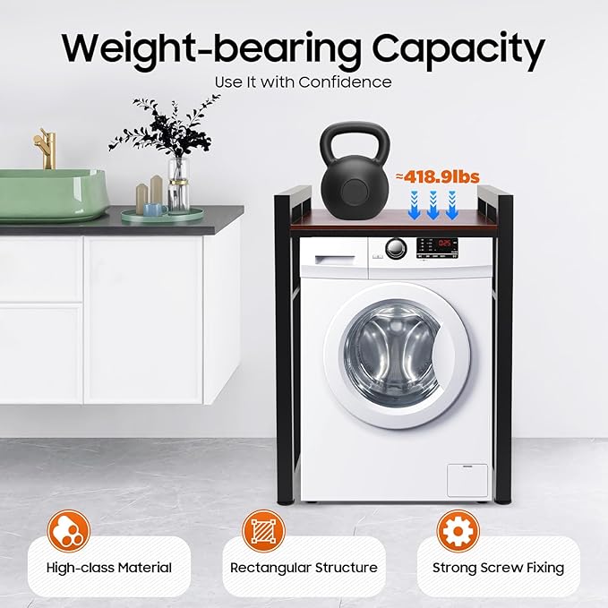 Washer Dryer Stacking Rack Stand, Heavy Duty Washer&Dryer Storage Shelves, Space Saver Stackable Storage Shelf for Laundry Room Apartments Bedrooms (Black, Teak Color)