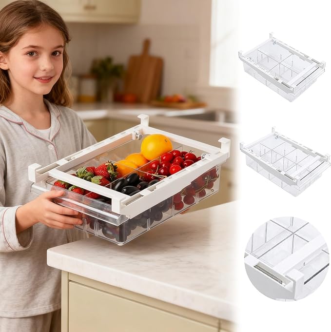 Fridge Drawer Organizer, Pull Out Shelf Storage Transparent Organizer for Refrigerator, Drawer Organizer for Egg, Fruit, Vegetable, Seafood, Meat, Cheese, Produce (White A)