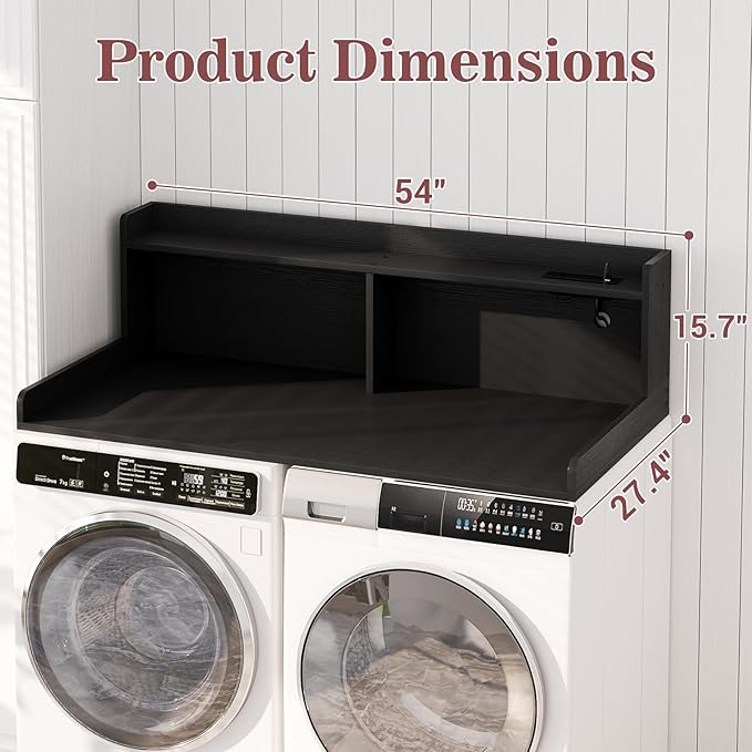 Aheaplus Washer and Dryer Countertop, 2-Tier Laundry Countertop Cover with LED Lights and Power Strip, Large Space Laundry Topper with Shelf for Laundry Room Organization, Black