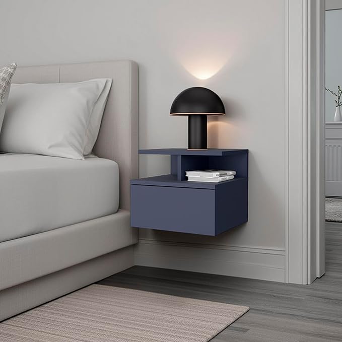 Floating Nightstand, 1 Drawer, Open Shelf, Wall Mounted Design, Blue