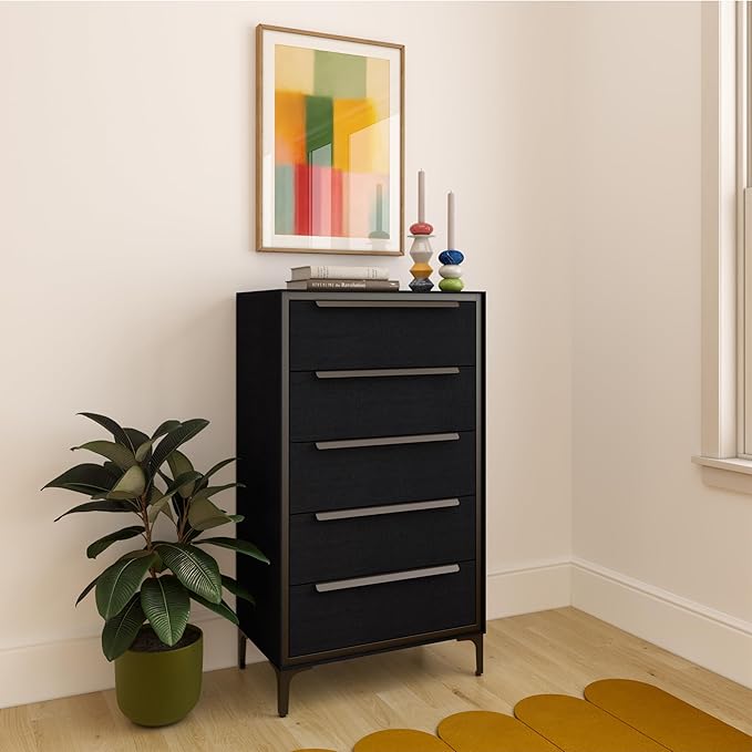 tinge Naima Premium Fabric Dresser - Strong Metal Frame, 5 Spacious Sag-Proof Drawers with Sleek Metal Handles - Premium & Durable Storage Solution for Your Home (Black)