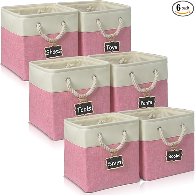 13 Inch Cube Storage Bins[6 Pack],Fabric Storage Cubes with Rope Handles, Eco-Friendly Linen Collapsible Organizers for Closet, Nursery, Toys, Office, Bathroom – Dual Color Design.(White&Pink)