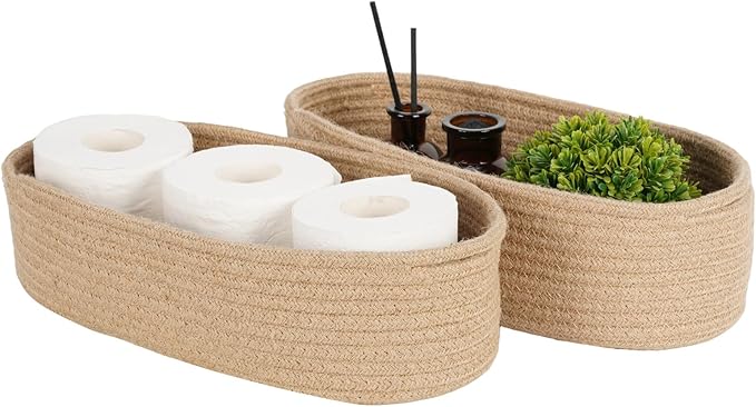 Temary Toilet Paper Basket, Narrow Cotton Rope Storage Bins with Handles, 2 Pack Small Decorative Baskets for Organizing Bathroom, Bedroom, Living Room (Jute, 13x5.9x3.9)