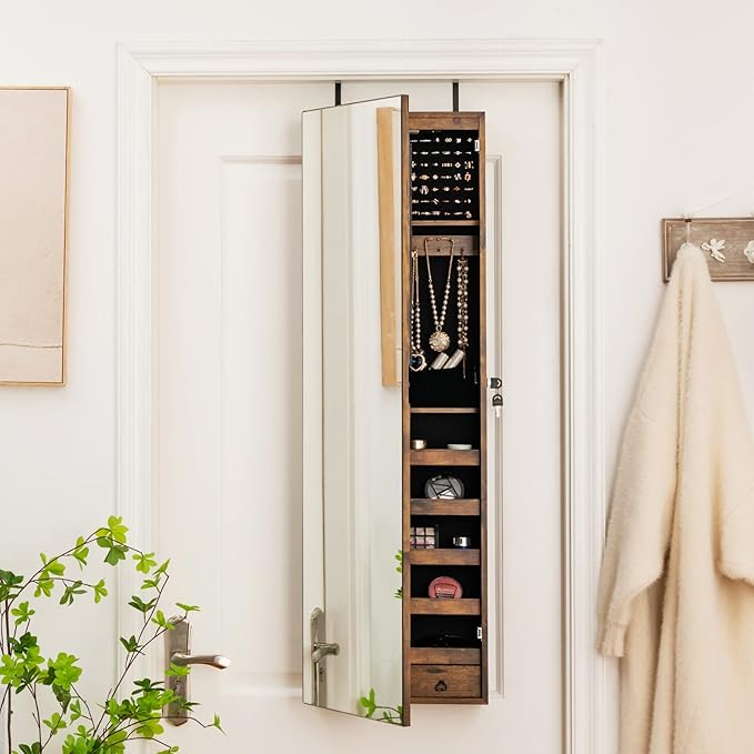 Giantex Wall Door Mounted Jewelry Armoire Cabinet with 47.5" H Full Length Mirror, 2 LEDs Lockable Jewelry Organizer Box with Bracelet Rod, 2 Drawers, Large Storage Capacity (Rustic Brown)