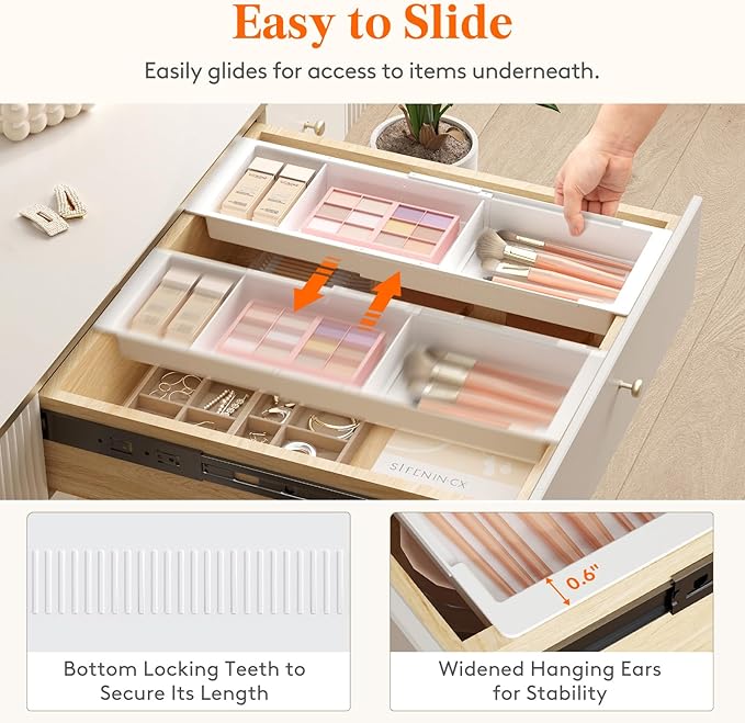 Lifewit Sliding Makeup Drawer Organizer Trays with Inserts, Extendable Hanging Desk Drawer Divider, Fits 13-20" Deep Drawers, 1.8" High Plastic Organizer Tray for Vanity, Office, Kitchen, White