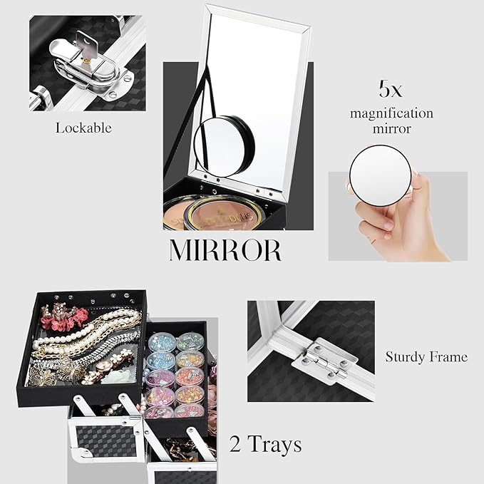 Joligrace Makeup Box Cosmetic Train Case Portable Makeup Organizer Case with Mirror 2 Tray Make up Storage Case for Nail Teach Craft Sewing Travel Vanity Modern Style Black