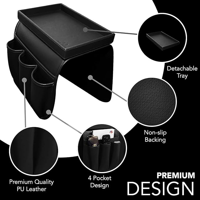 Couch Remote Caddy Control Holder Sofa Organizer with Detachable Wooden Snack Tray for Recliner Mattresses Chair Armrests with 4 Slots - 1 Large Pockets and 3 Small Pockets (Black)