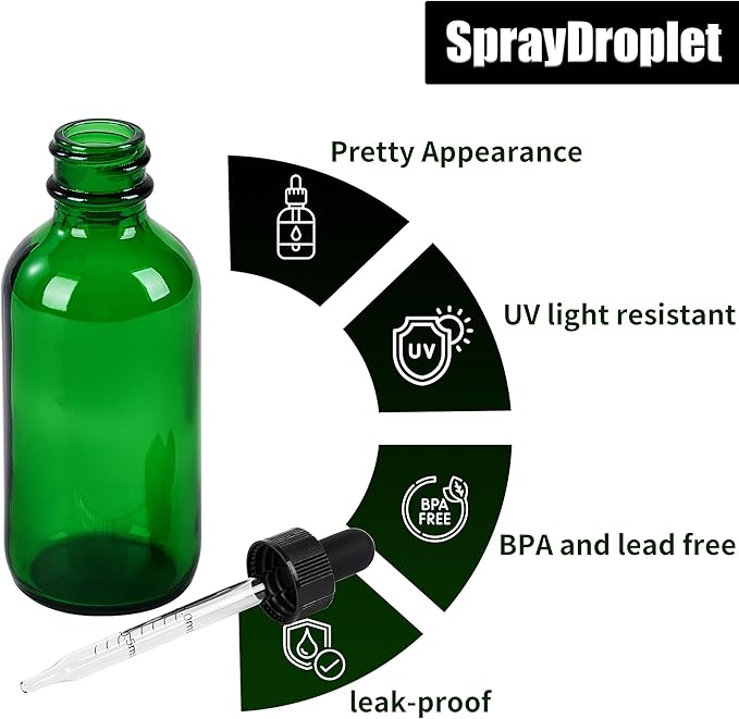 12 Pcs, 2oz Glass Dropper Bottle, Leakproof Tincture Bottles with Dropper, Green Reusable Eye Dropper Bottle, for All Kinds of Liquids (Green, 2oz-12pcs)