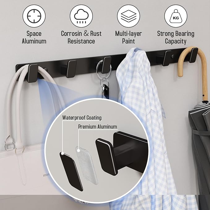 Coat Hook Wall Rack Hanger - Black Coat Rack with 6 Hooks Wall Hooks for Hanging Hat Key Bag Towel Wall Mount Coat Holder