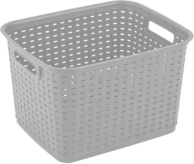 Sterilite 6-Pack Tall Weave Basket, Wicker-Style Plastic Open Storage Bin, Cement Gray - Multi-Purpose Decorative Organizer for Laundry Area, Shelves, Closets, Pantries, Living Rooms or Offices