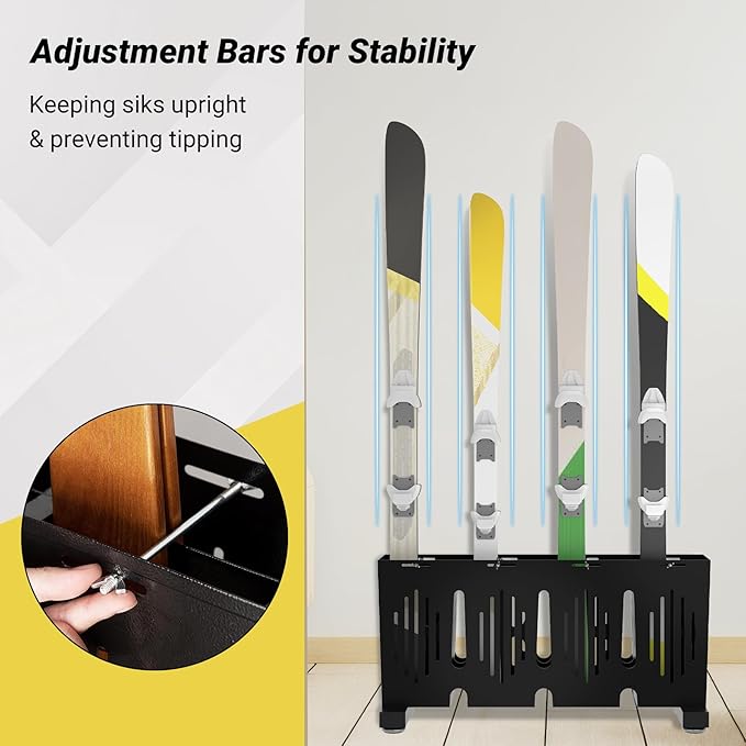 4-Pair Ski Storage Rack w/Width-Adjustable Fixing Bars, Heavy Duty Metal Freestanding Ski Rack - Ideal Organizer for Garage, Home and Store, 26" L ×10.2" W ×13.6" H