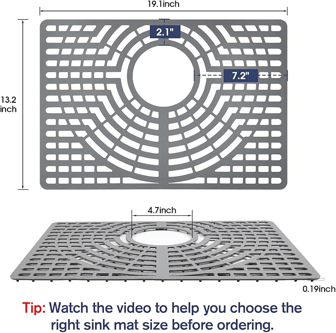 Silicone Sink Protector 19"x13" Rear Drain Hole, Heat Resistant Non-slip Dishwasher Suitable, Sink Mat for Bottom of Farmhouse Kitchen Stainless Steel Sinks(Grey)