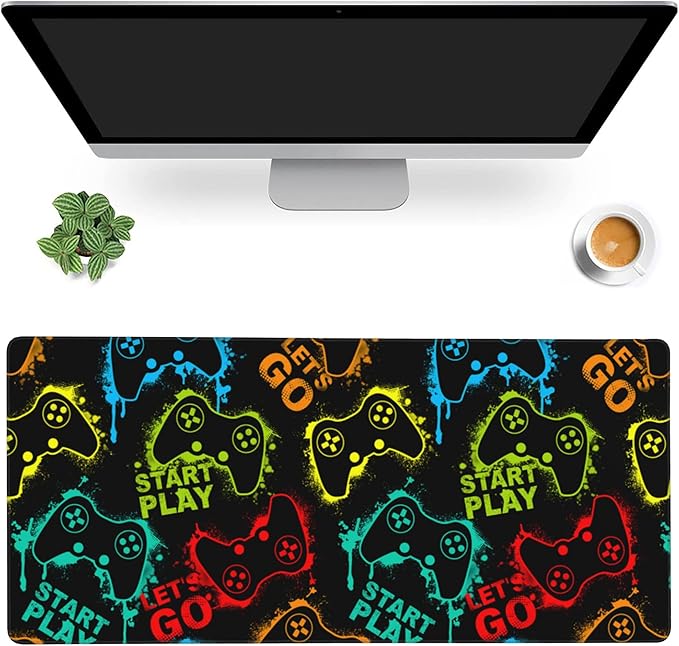 Desk Mat,Colourful Joystick Game Gaming Mouse Pad,XXL Extended Mouse Pad Mat for Office,Computer,Keyboard with Non-Slip Base Stitched Eges Mousepad 35.4x15.75 inch