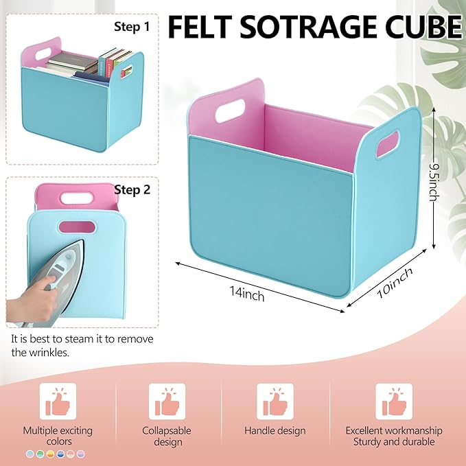 6 Pcs 14x10 Inch Colorful Felt Rectangular Storage Bins Collapsible Storage Basket with Handle for Shelves Closet Bedroom Office Clothes Book Holiday Christmas Stuff Organizer(Macaron)