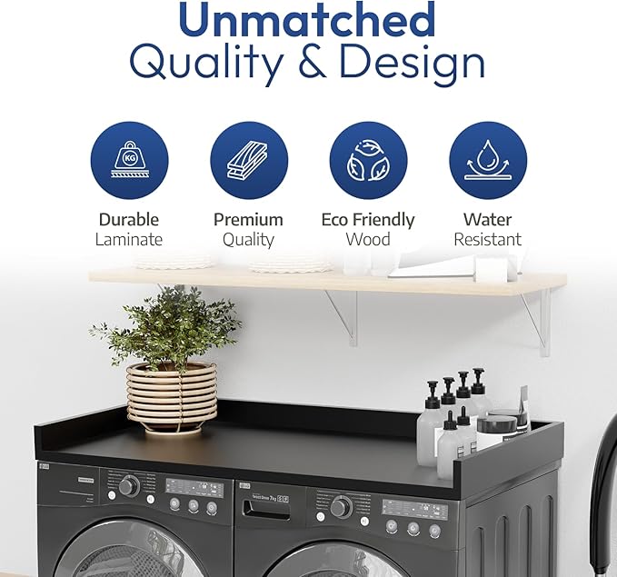 OfficeSimpli Washer Dryer Countertop, Made in USA, Non-Slip Pads, Laundry Room Wood Topper, Washer Dryer Cover for Top, Laundry Guard, Laundry Countertop, Laminate (Black, Standard (27.5" x 54"))