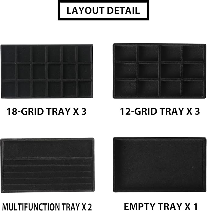 Frebeauty Jewelry Organizer Tray,Stackable Velvet Jewelry Trays,Drawer Inserts Earring Organizer For Women Jewelry Storage Display Case for Rings Stud Necklaces,Set of 9(Black)