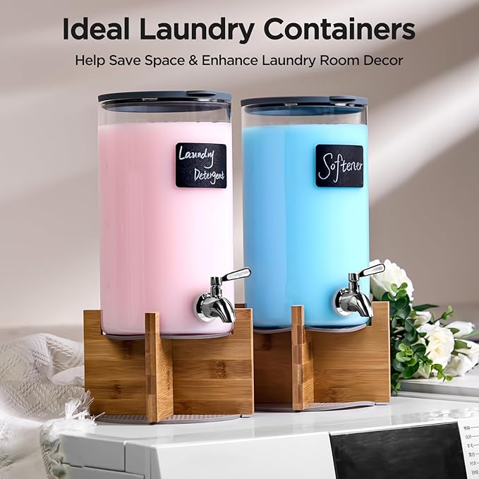 Glass Laundry Detergent Dispenser with Holder,1.1 Gallon Laundry Liquid Dispensers with Stainless-Steel Tap,Large Glass Fabric Softener Containers with Stand for Laundry Room Organization
