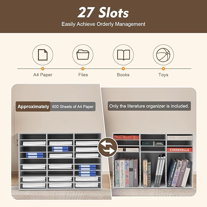 27 Compartments Literature Organizer, Desktop File Sorter Mail Center Paper Storage Cabinet Classroom Mailbox for Files Documents Papers Magazines(White) (White 27Slots)