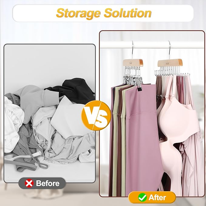 TOPIA HANGER 2 Pack Bra Hanger with 2 Pack Leggings Organizer, 2-in-1 Space Saving Hangers Neatly Store Max 40 Bras and 20 Leggings, Pants Jeans Shorts Skirt Tank Top Hanger for Closet Natural CT77N