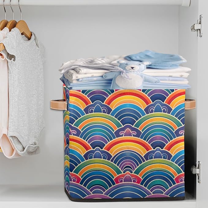 TropicalLife 13x13x13 Inch Large Fabric Storage Cube Vintage Rainbow Flowers Foldable Storage Bin with Handles Organizer Boxes Cube Basket for Shelves Organizing Closet